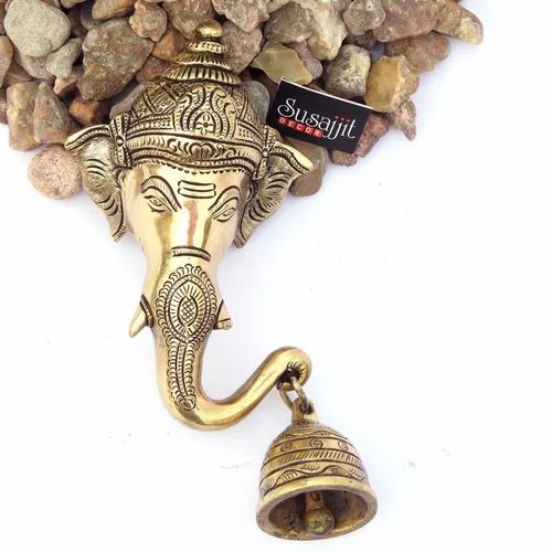 Antique Finish Brass Elephant Head with Bell - Vintage Home Decor