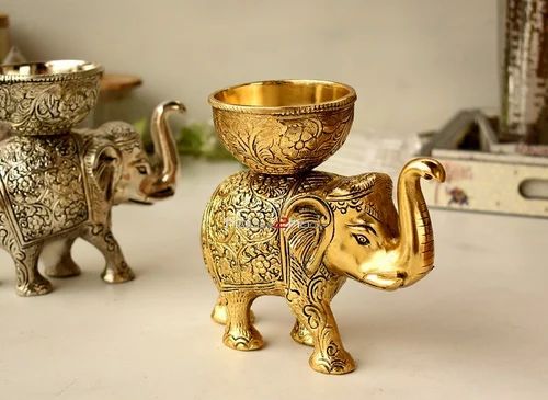 Metal Gold Elephant With Dry Fruit Bowl, For Interior Decor