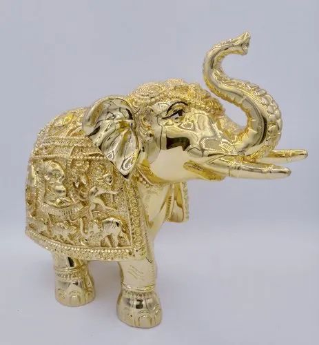 Gold Elephant Idol With Glossy Finish On Resin Base (8 Inch)