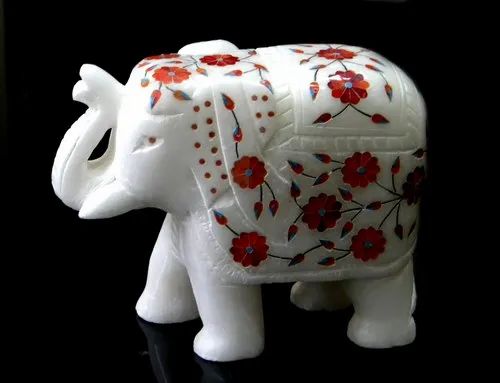 Alabaster Big Size Elephant Trunk Up Flower Inlay Stone Colorful Trunk Down