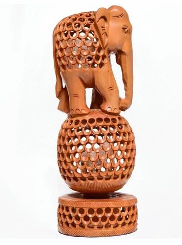BUDDHA HANDICRAFTS Sandalwood Elephant with Elphant Inside Undercut Jali Ball Idol Statue