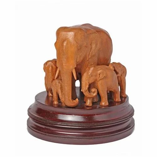 Sandalwood Elephant with Cubs Statue for Interior Decor