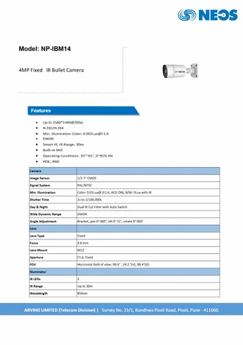 4 MP NEOS IP CAMERA NP-IBM14