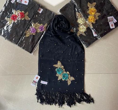 Awadh Handlooms Ladies Black Embroidered Satin Stole