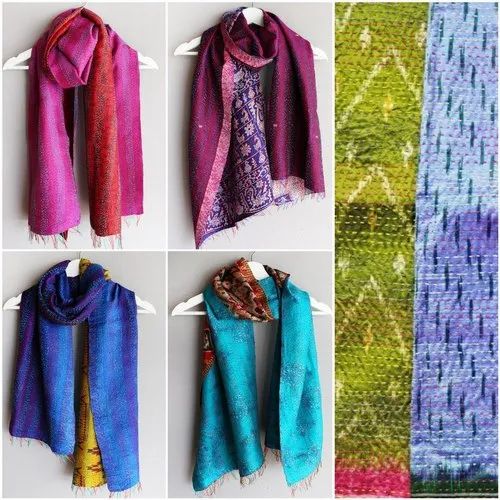 Indian Silk Scarf, Vintage Scarf, Kantha Scarf Wrap Scarf, Hippie Scarves, Bohemian Scarf