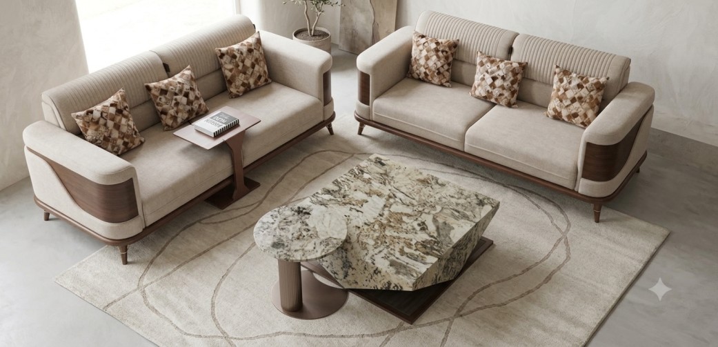 Fluted Back Fabric Sofa Set with Walnut Trim