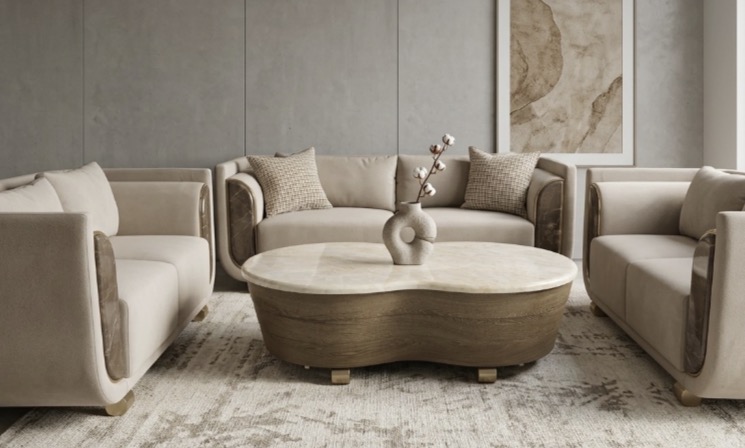 Modern Curved Beige Velvet Sofa