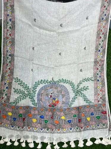 Madhubani Hand Painted Pure Linen By Linen 120 Count Stole.