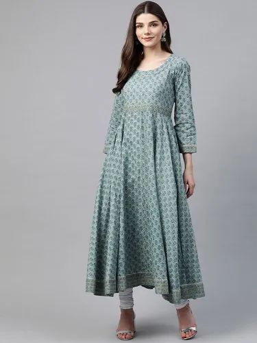 Cotton Divena Indigo Blue Printed High Low Kurta