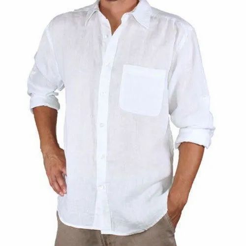 Men'S Plain White Linen Shirt, Full Sleeves, Casual Wear