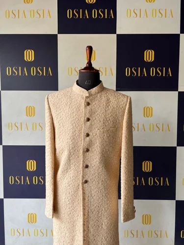 Cream Embroidered Sherwani, Cotton