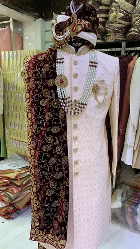 White Silk Wedding Sherwani, Pattern: Moti, Size: 40