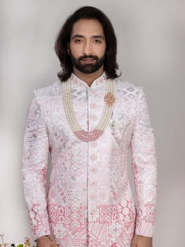 Designer White & Pink Embroidered Sherwani for Men