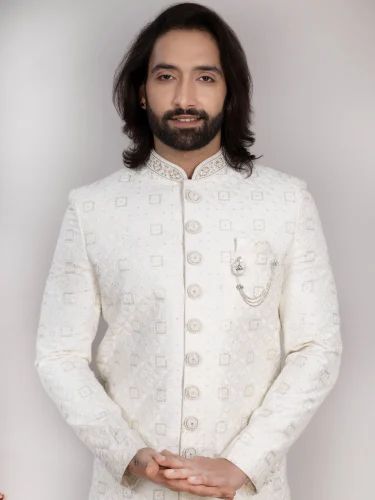 Designer White Embroidered Sherwani for Men