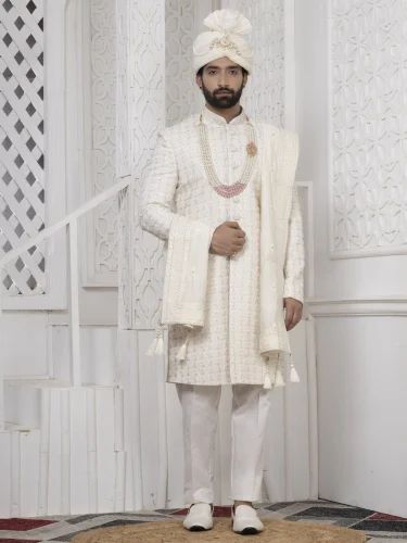 Raxon Men Ivory White Embroidered Sherwani Set with Dupatta, Churidar Turban