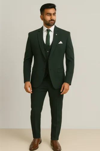 Dark Green Three Piece Suit for Men Wedding & Party Wear, Terry Rayon