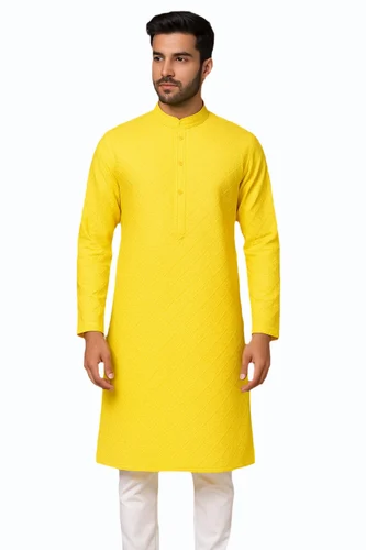Yellow Embroidered Kurta with White Pajama