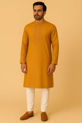 Mustard Yellow Embroidered Kurta Pajama Set