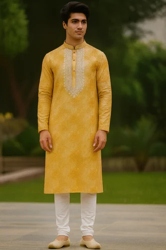 Mustard Yellow Embroidered Kurta Pajama Set for Men