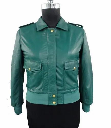 Sea Green Moto Bomber Leather Jacket