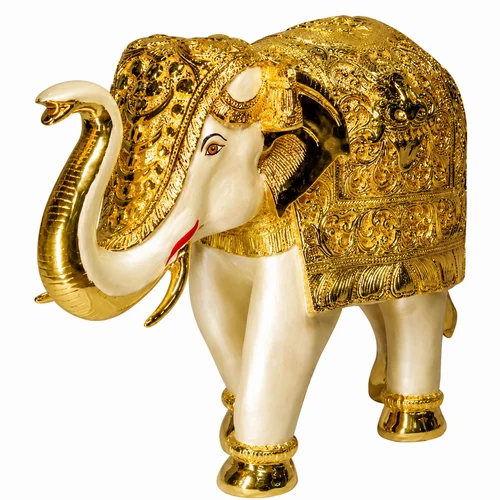 Pearl White Gold Elephant Trunk up with pure 24kt gold work, For Interior Decor