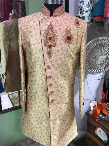 Cotton Golden Men's Wedding Sherwani, Pattern: Embroidered, Size: 36