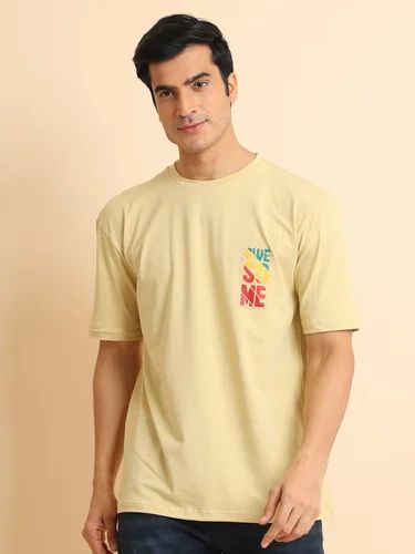 BBROS0004 Beige Printed Stretchable Oversize Round Neck Half Sleeve T-Shirt