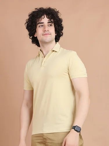 Cotton Plain BBHS8004 Beige Basic Stretchable Polo Neck Half Sleeve T-shirt