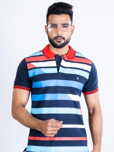 BBRHS0020 Navy Fashion Regular Fit Premium Mercerised Printed Polo Neck Half Sleeve T-shirt