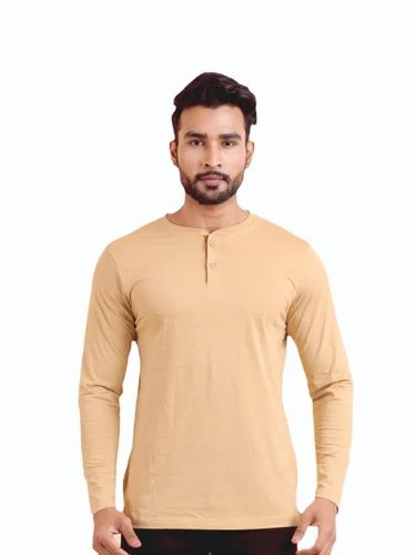 Cotton Plain BBFS5003 Beige Basic Henley Neck Henley Sleeve T-shirt