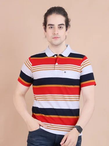 Cotton Striped BBST0003 Rednavystripe Stripe Polo Neck Half Sleeve T-shirt