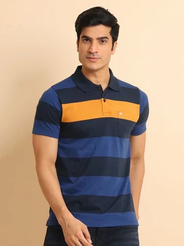 Striped Cotton BBST0013 Navystripe Stripe Polo Neck Half Sleeve T-shirt