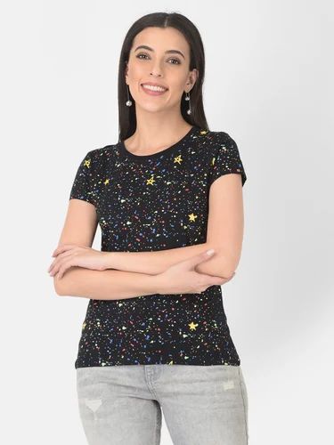 Cotton BBL0009 Black Ladies Printed Premium Round Neck Half Sleeve T-Shirt, Casual Wear, Size: Medium