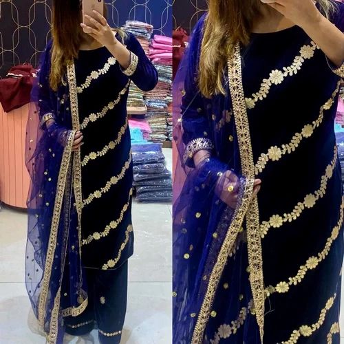 Embroidered Women Designer Velvet Suit, Straight