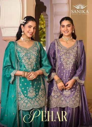 Sanika fashion pehar chinon silk fully stitch kurti plazzo with dupatta