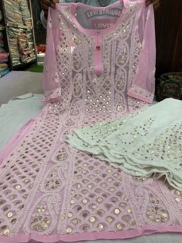 Party Wear Georgette Chikankari Kurti With Sharara Suit
