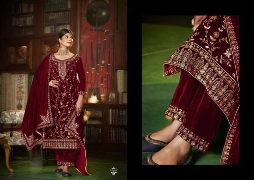 Embroidered Velvet Designer Suit, Straight