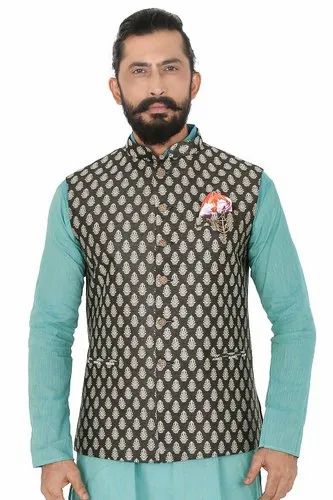 Cotton Blend Casual Black And Gold Brocade Bandi
