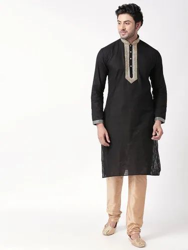 Cotton Blend Regular Full Sleeves Straight Ethnic Kurta For Men (Black)