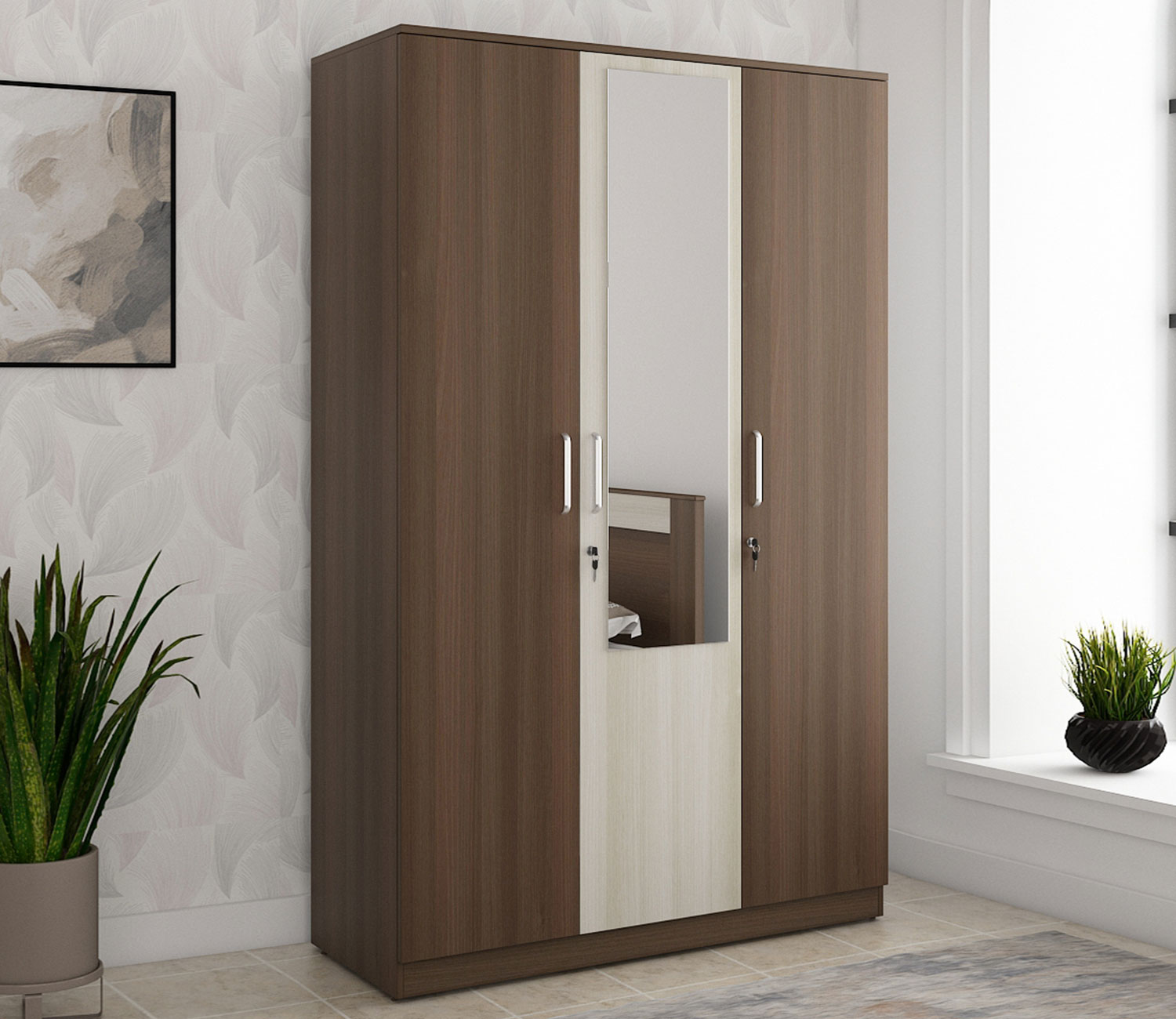 3 Door Wooden Wardrobe With Mirror