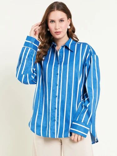 Blue Casual Cotton Striped Oversized Shirt with Side Slits for Women, Size: Small