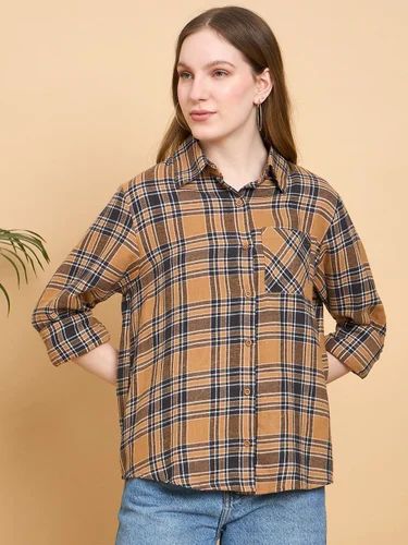 Cotton Cozy Women's Flannel Checkered Shirt with Full Sleeves & Front Pocket