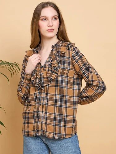 White Womens Ruffled Neck Flannel Check Shirt with Chinese Collar, Size: Medium