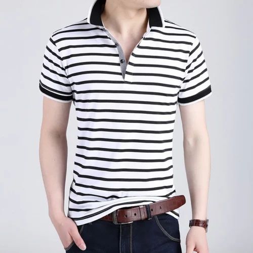 Polyester White Striped Polo T Shirt, Printed