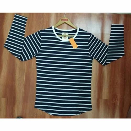 Striped Mens Cotton Full Sleeve T Shirts, Round Neck