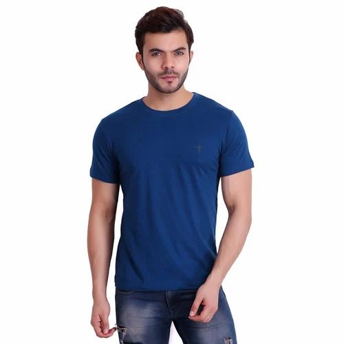 Blue Cotton Polo T Shirt, Solid, Size: Medium