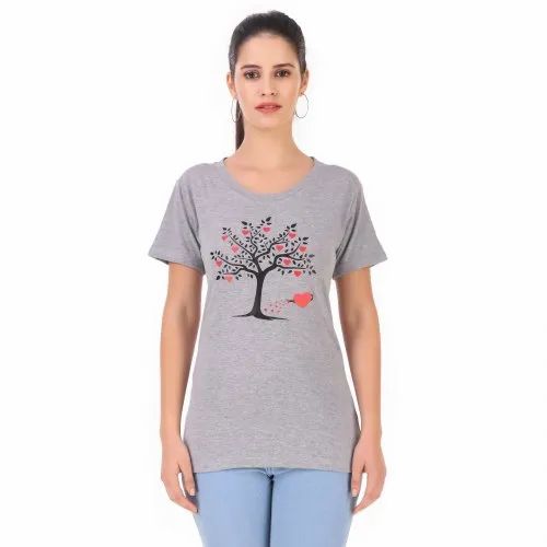 Half Sleeve Ladies Grey Tree Regular T-Shirts, Casual Wear