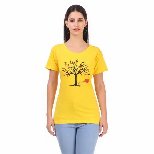 Half Sleeve Ladies Yellow Tree Regular T-Shirts, Casual Wear