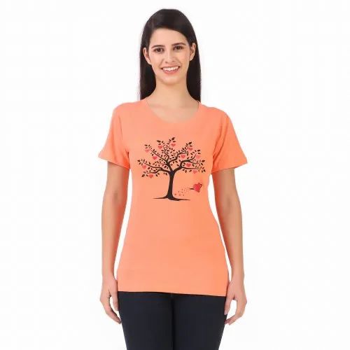 Half Sleeve Ladies Peach Tree Regular T-shirts, Casual Wear