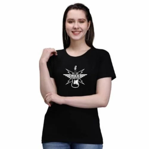 Black Round 190 GSM 100% COTTON BIO WASHED LADIES TSHIRT, Printed, Size: S M L XL XXL XXXL